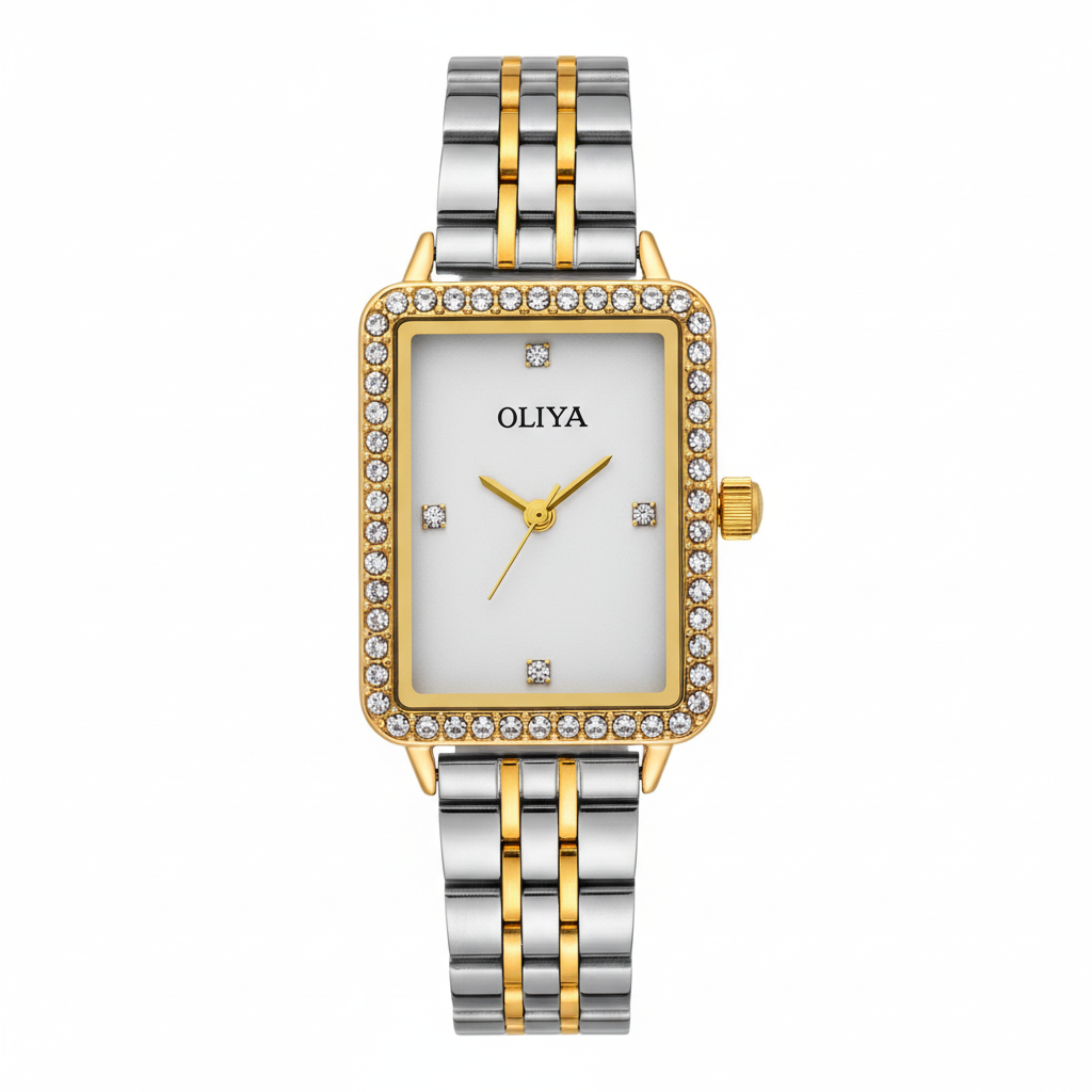 Montre OLIYA Dorée Rectangulaire – Cadran Blanc Élégant et Éclat Intemporel