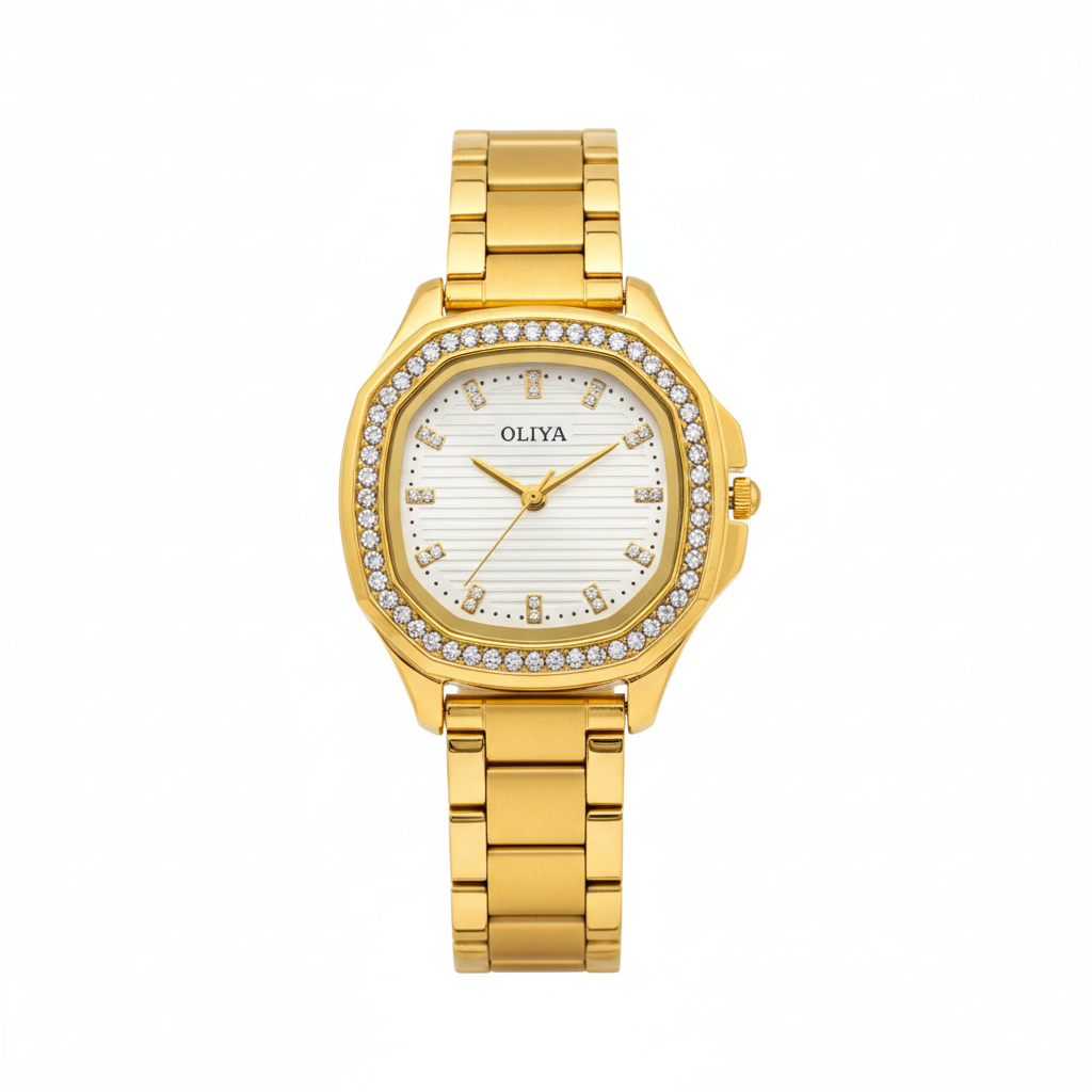 Montre OLIYA Dorée Sertie de Cristaux – Cadran Champagne Élégant et Luxe Raffiné