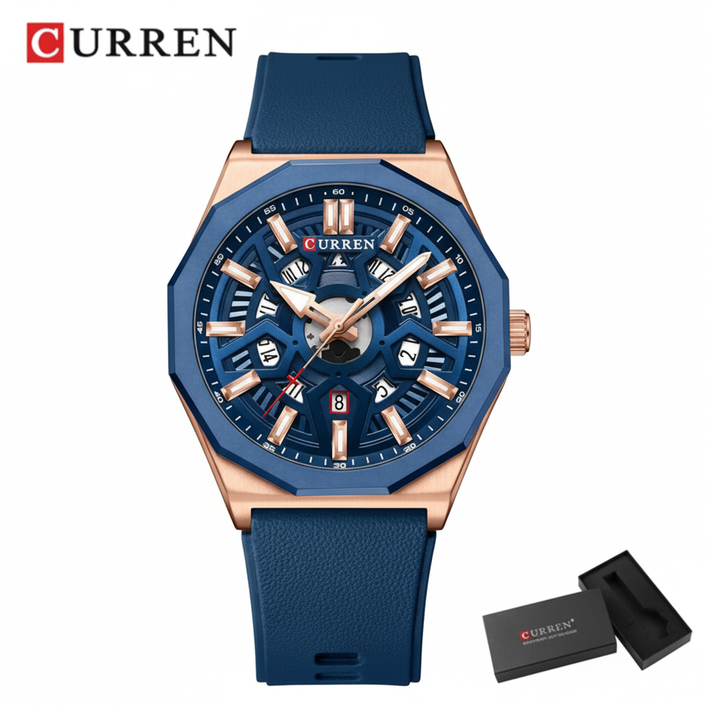 Montre Homme CURREN 8437 – bleu-Chronographe Sport Élégant, Bracelet Silicone, Étanche 3ATM, Quartz