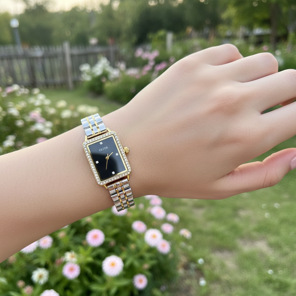 Montre OLIYA 609 Bicolore Rectangulaire – Cadran Brun Élégant et Luxe Raffiné