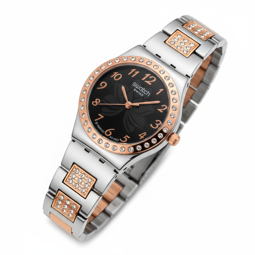 Swatch Élégance Cristalline Noir &amp; Or Rose – Le Raffinement au Quotidien