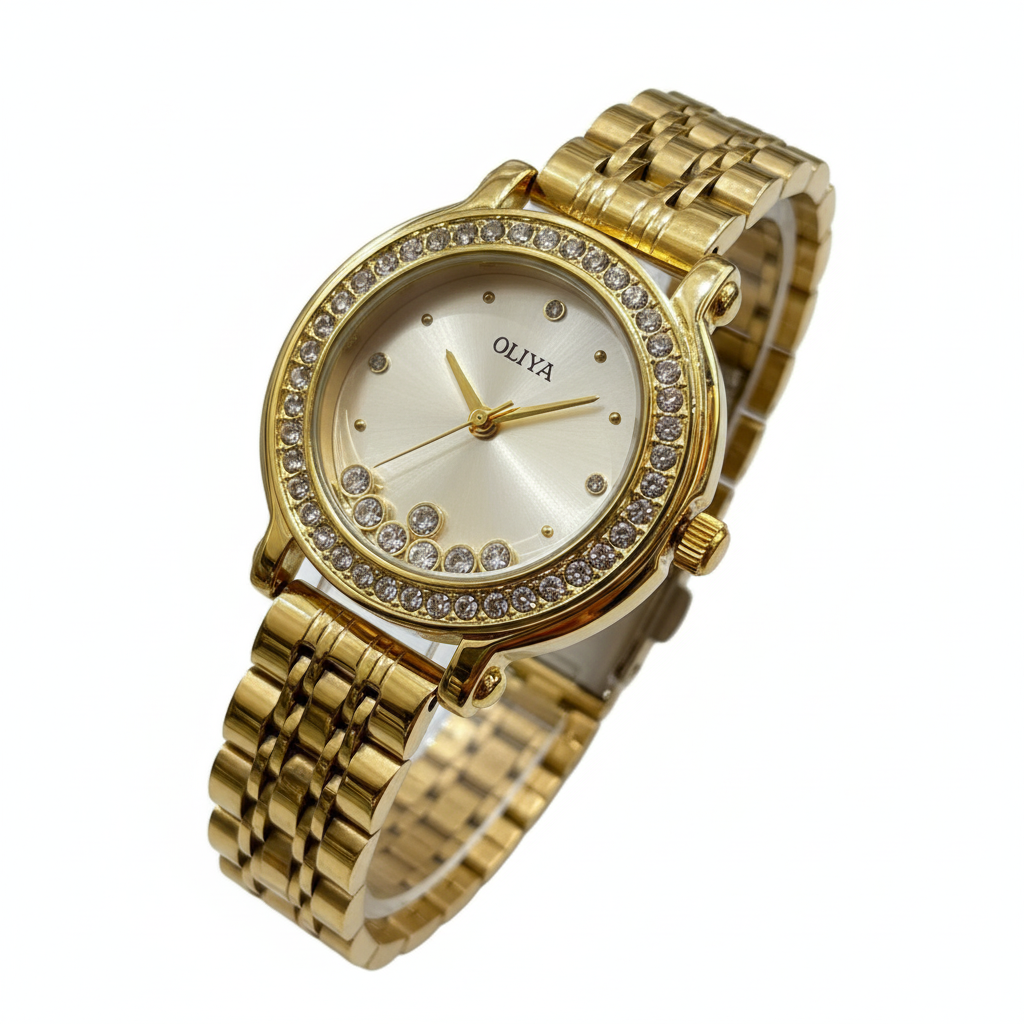 Montre OLIYA Bicolore à Cadran Gris Champagne et Cristaux Mobiles – L’Élégance Subtile et Lumineuse