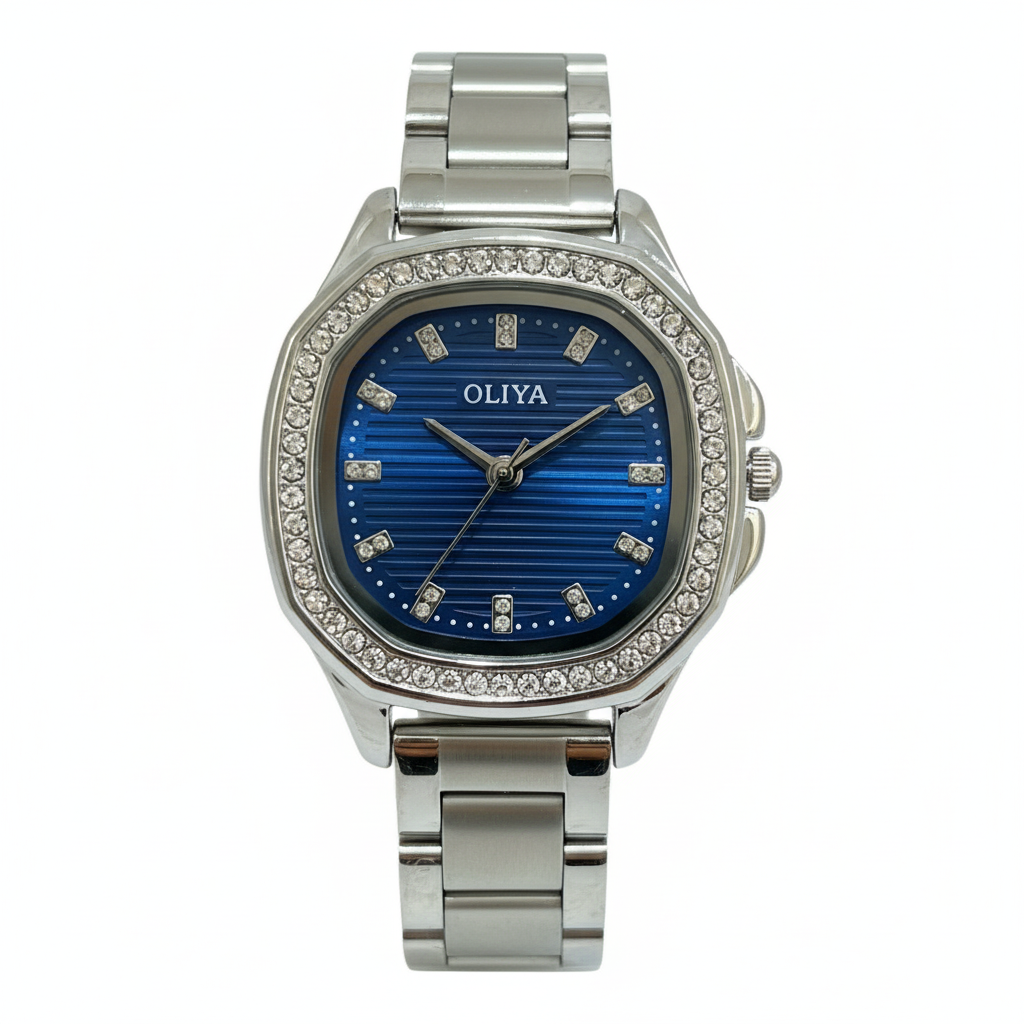 Montre OLIYA Argentée Sertie de Cristaux – Cadran Bleu Élégant et Moderne