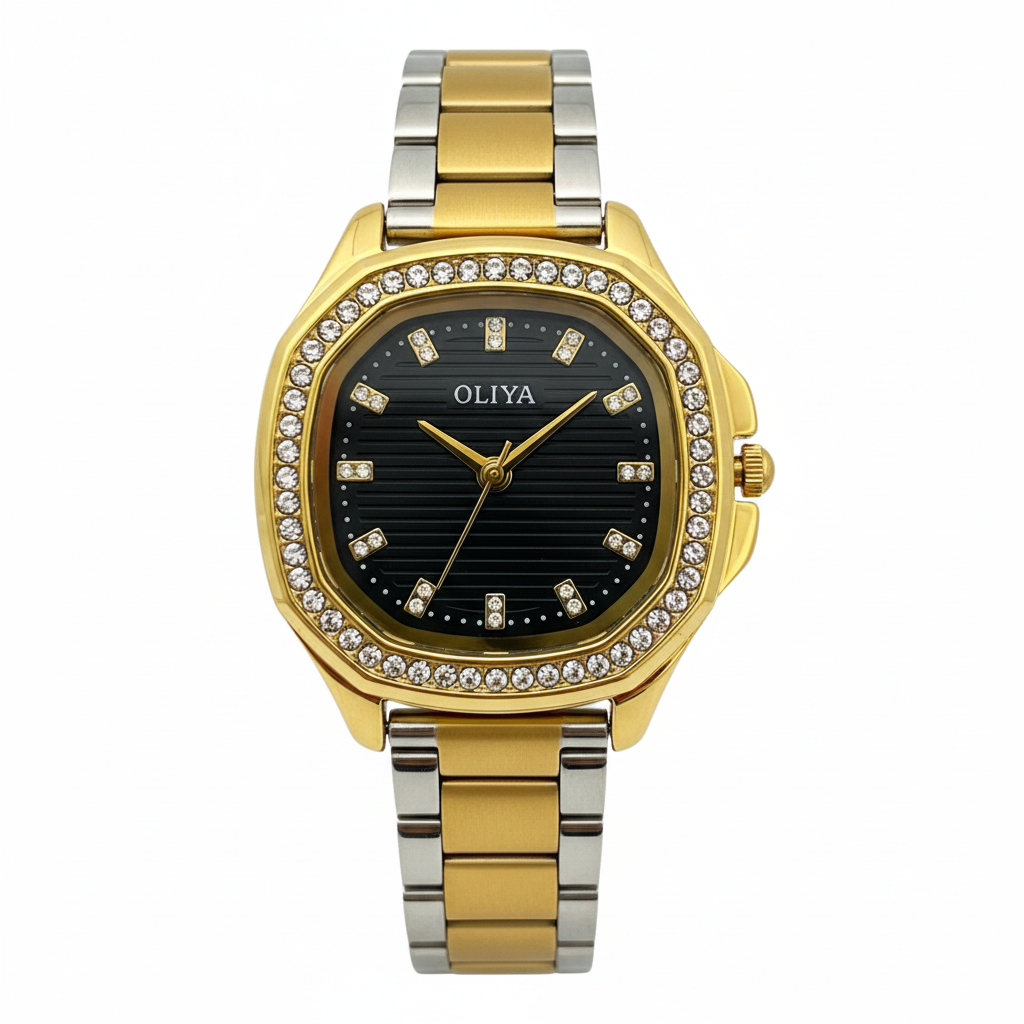 Montre OLIYA Bicolore Sertie de Cristaux – Cadran Noir Élégant et Design Moderne