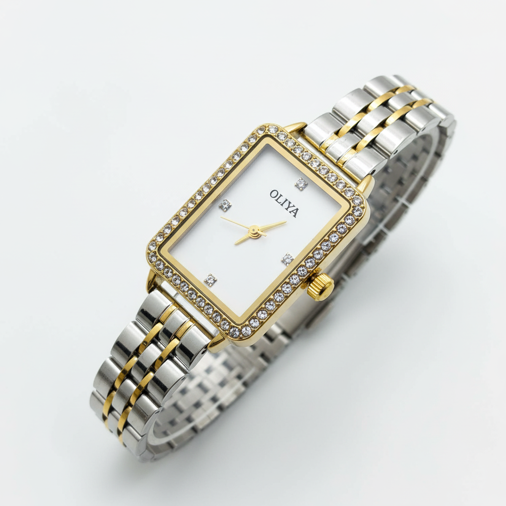 Montre OLIYA Dorée Rectangulaire – Cadran Blanc Élégant et Éclat Intemporel