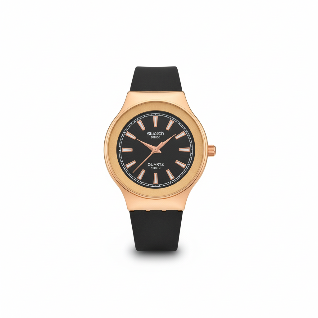 Montre Swatch Noir &amp; Or Rose – L’Élégance Intemporelle au Style Contemporain