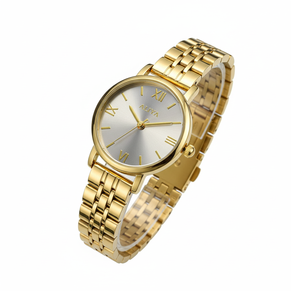 Montre OLIYA Dorée Classique – Cadran Argent Soleil et Élégance Intemporelle
