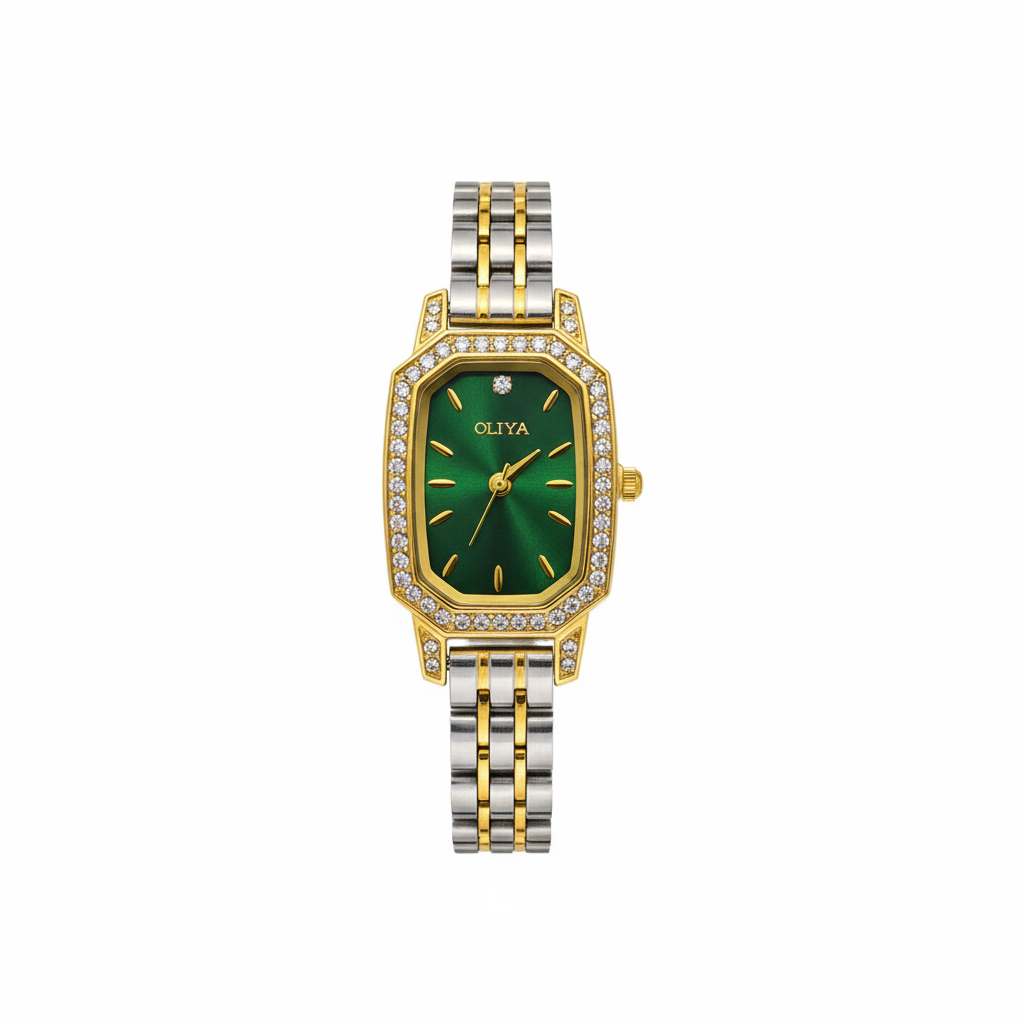Montre OLIYA Rectangulaire Dorée &amp; Argent – Cadran Vert Émeraude et Éclat Précieux