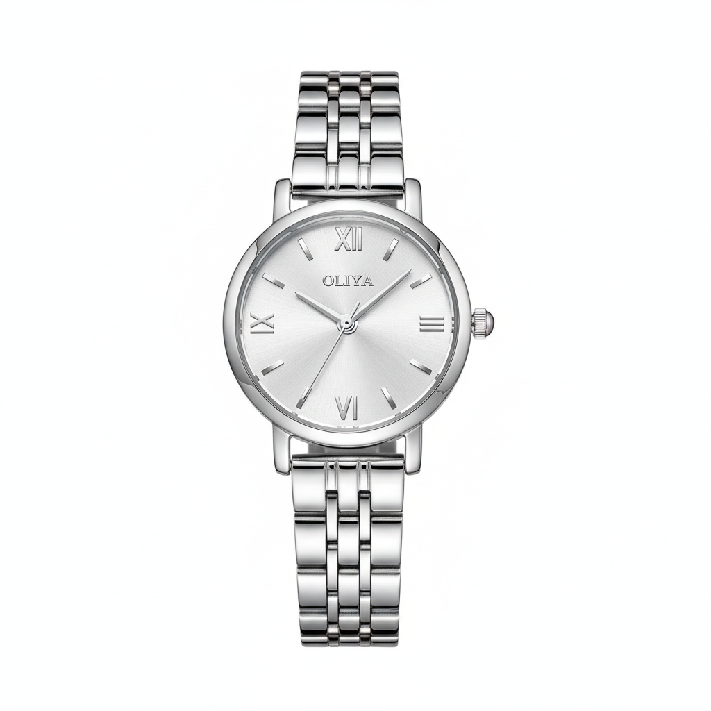 Montre OLIYA Argentée – Cadran Blanc Soleil et Élégance Classique