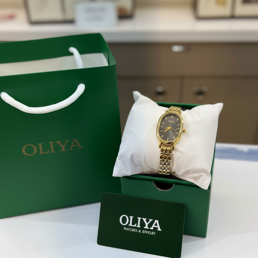 Montre OLIYA Ovale Dorée – Élégance Intemporelle au Cadran Noir Profond