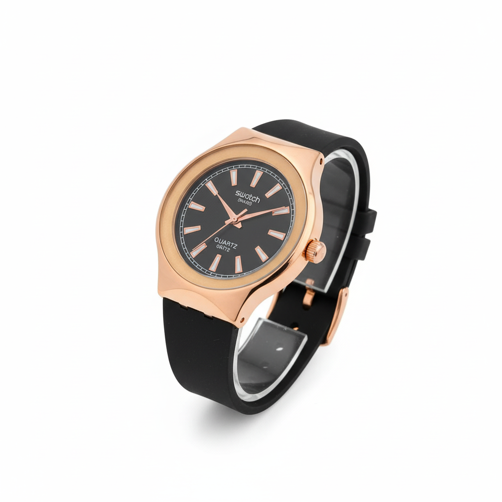 Montre Swatch Noir &amp; Or Rose – L’Élégance Intemporelle au Style Contemporain