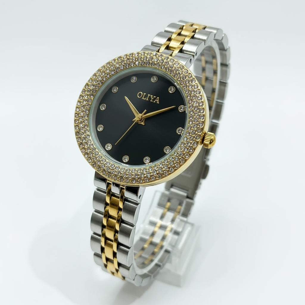 Montre OLIYA Bicolore avec Cadran Noir et Lunette Sertie – L’Éclat du Chic Intemporel