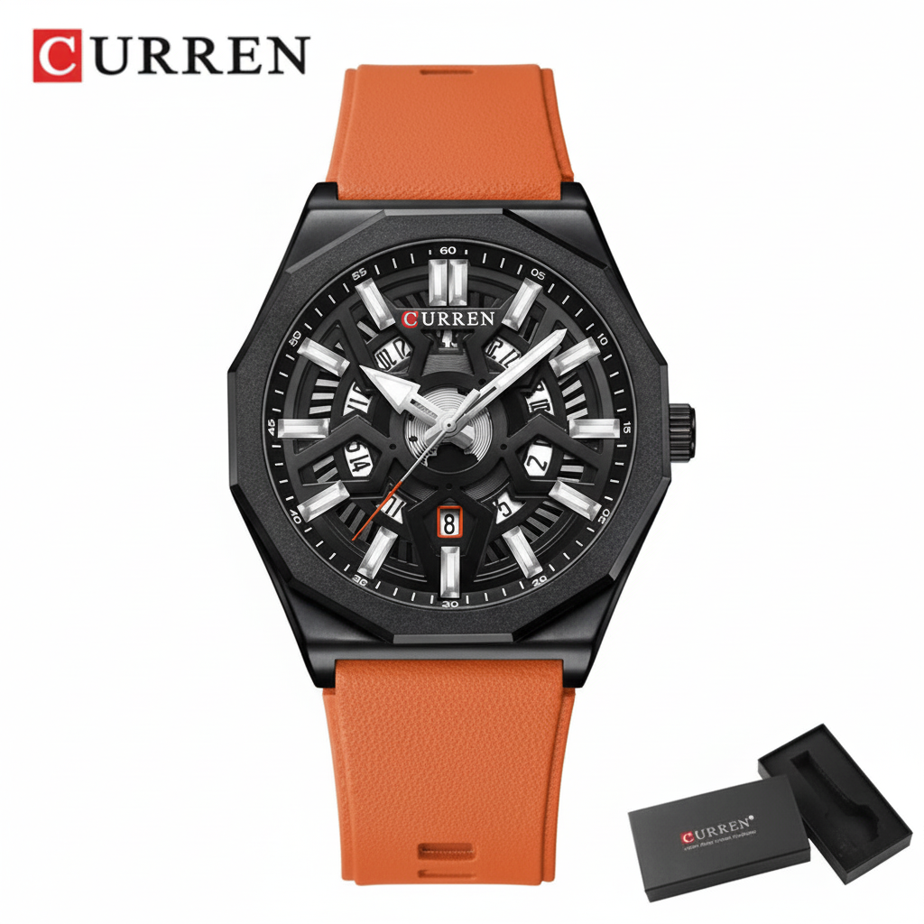 Montre Homme CURREN – Design Skeleton Noir & Orange, Bracelet Silicone Orange, Quartz
