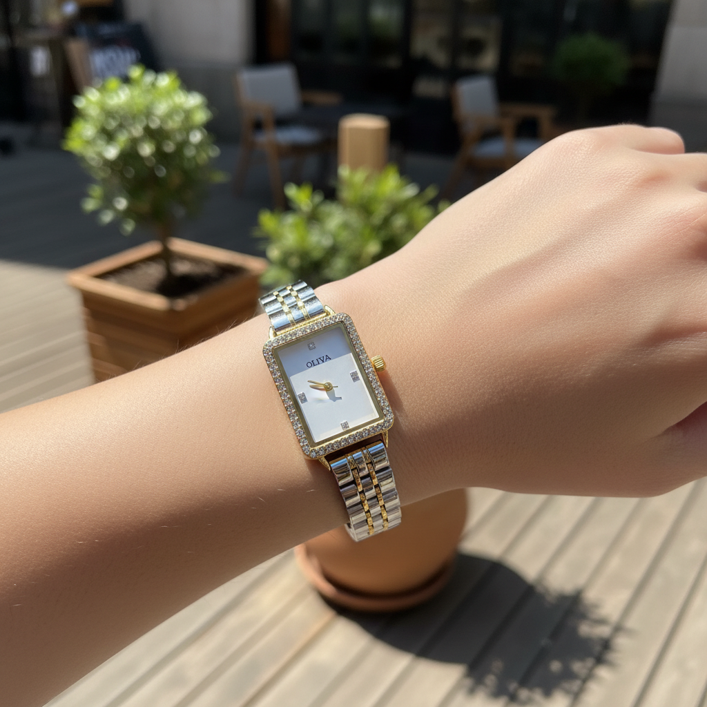 Montre OLIYA Dorée Rectangulaire – Cadran Blanc Élégant et Éclat Intemporel