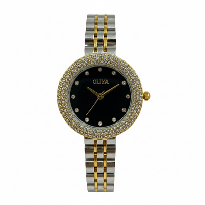 Montre OLIYA Bicolore avec Cadran Noir et Lunette Sertie – L’Éclat du Chic Intemporel