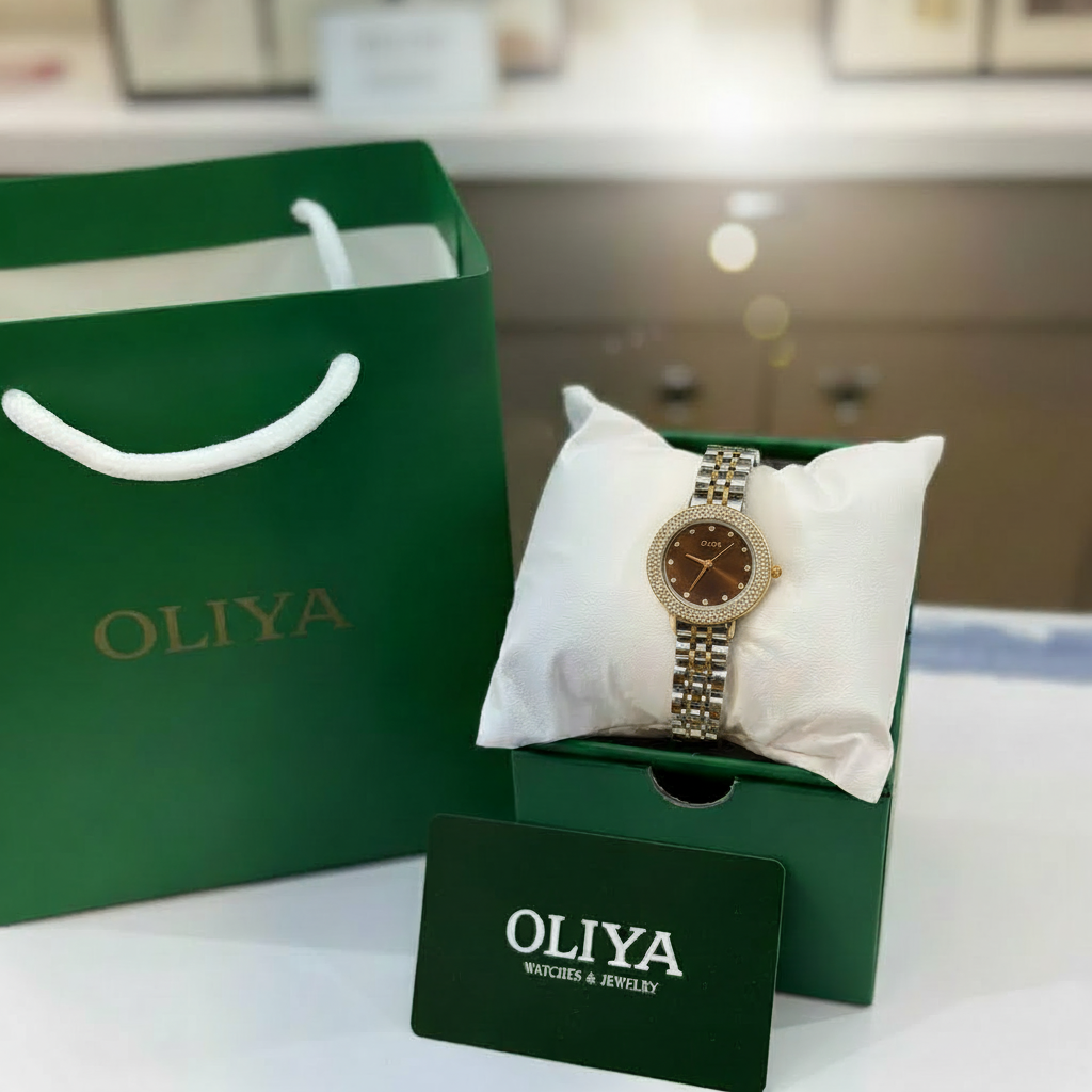 Montre OLIYA Bicolore à Strass avec Cadran Chocolat – Élégance Luxueuse et Charme Intemporel