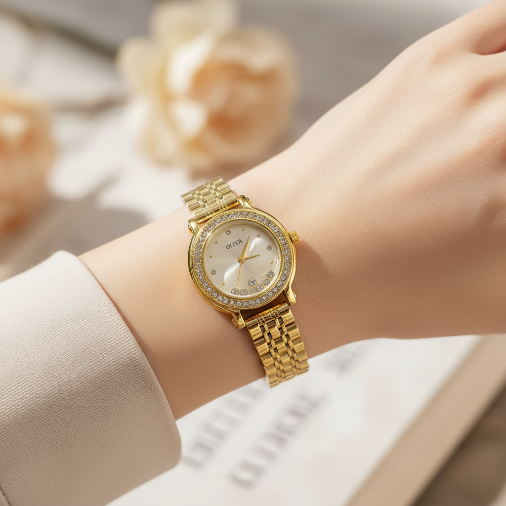 Montre OLIYA Dorée à Cadran Champagne et Cristaux Mobiles – L’Éclat Raffiné au Poignet