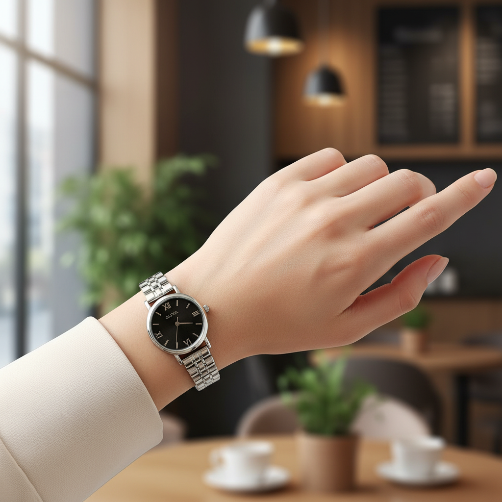 Montre OLIYA Argentée – Cadran Noir Élégant et Style Intemporel