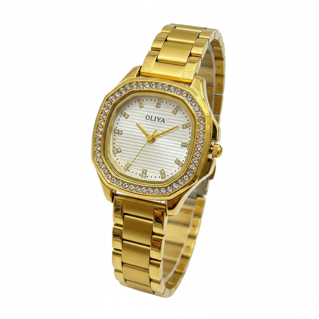 Montre OLIYA Dorée Sertie de Cristaux – Cadran Champagne Élégant et Luxe Raffiné
