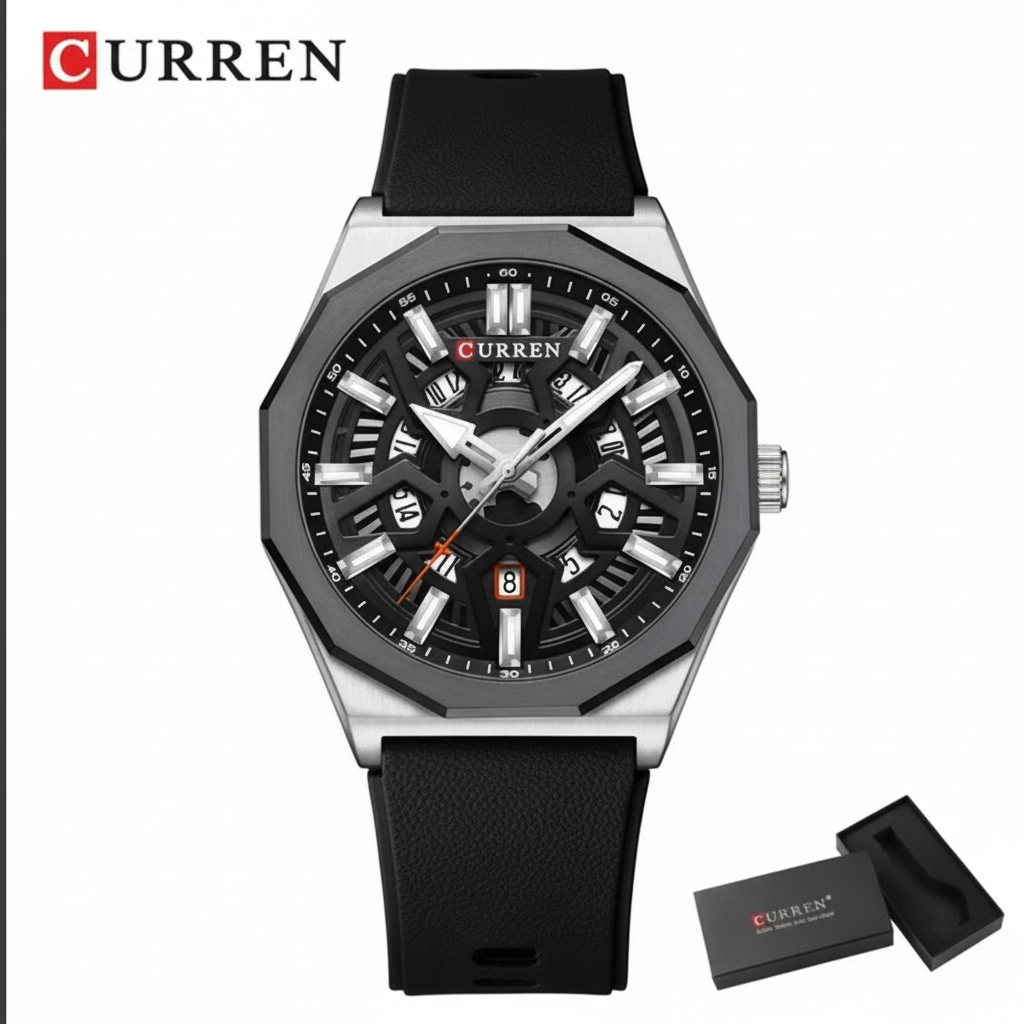 Montre Homme CURREN 8437 – noir-Chronographe Sport Élégant, Bracelet Silicone, Étanche 3ATM, Quartz