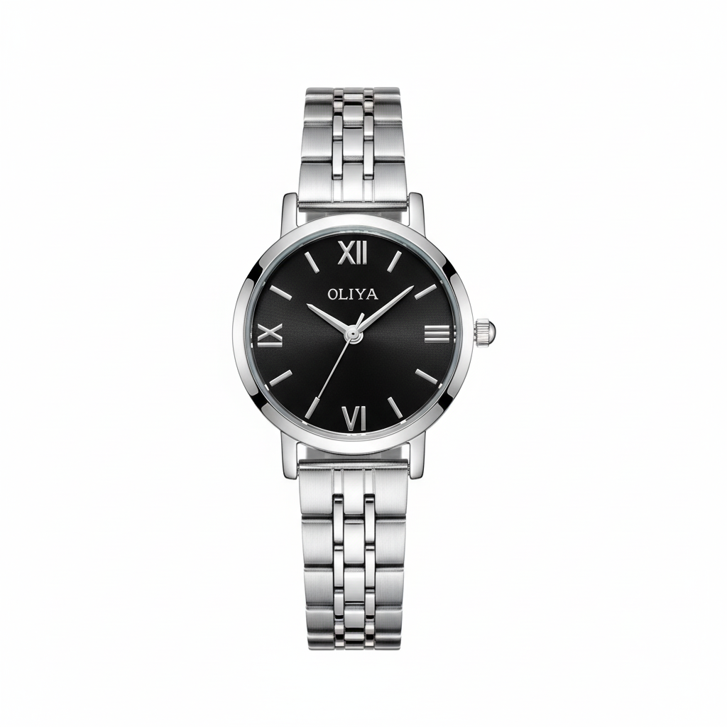 Montre OLIYA Argentée – Cadran Noir Élégant et Style Intemporel