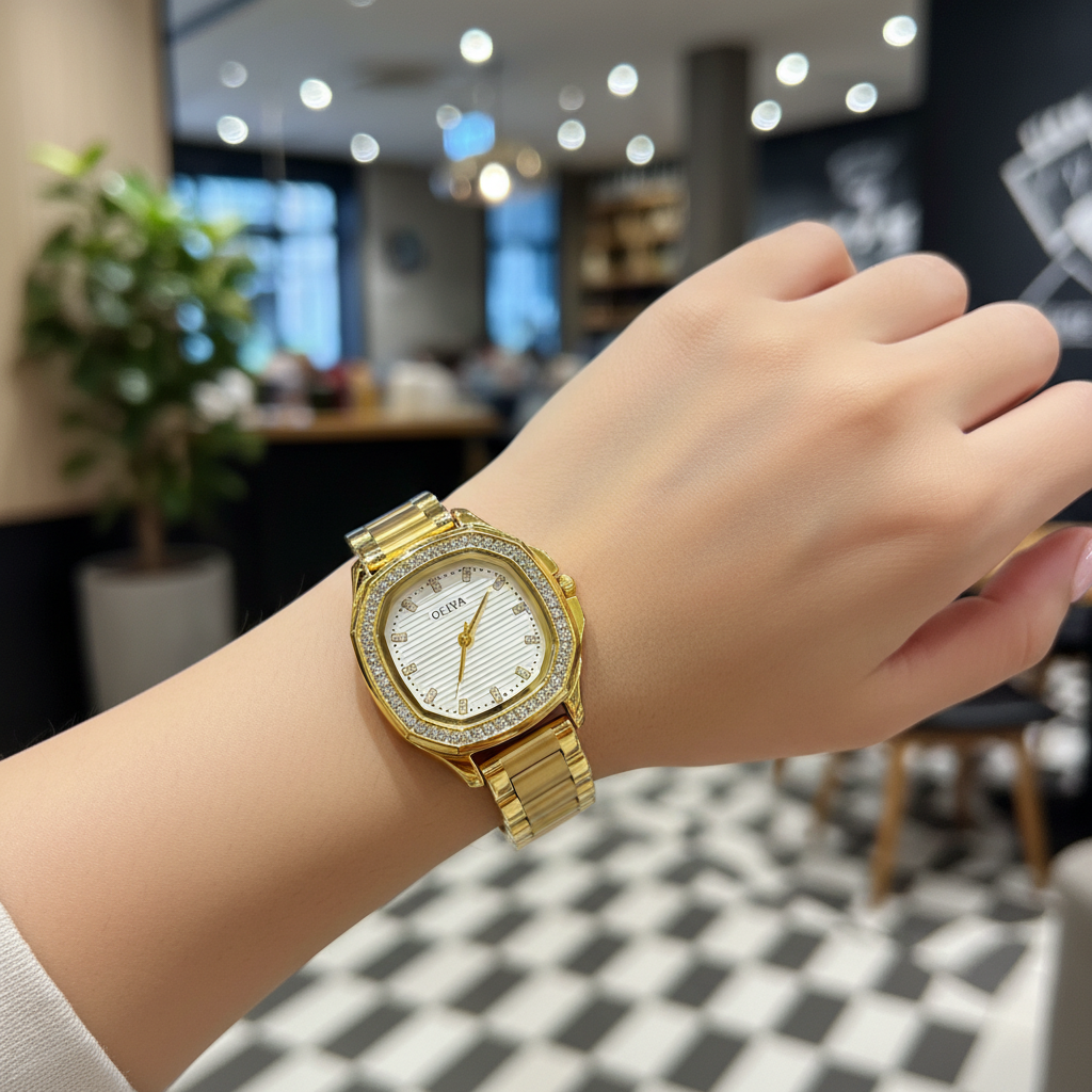 Montre OLIYA Dorée Sertie de Cristaux – Cadran Champagne Élégant et Luxe Raffiné