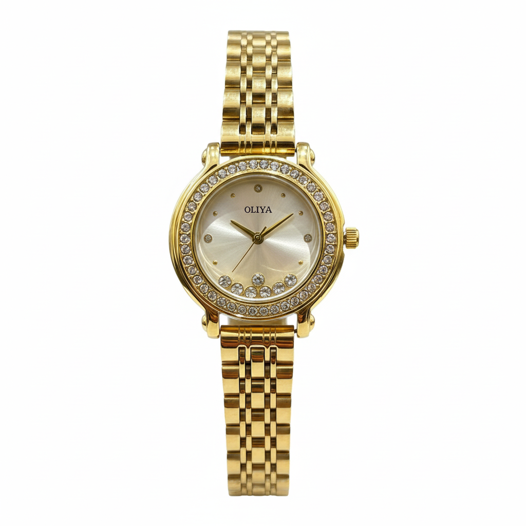 Montre OLIYA Bicolore à Cadran Gris Champagne et Cristaux Mobiles – L’Élégance Subtile et Lumineuse