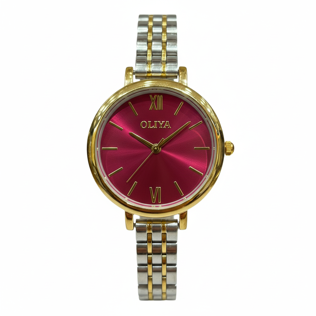 Montre OLIYA Bicolore Cadran Rouge – Élégance Audacieuse et Charme Lumineux