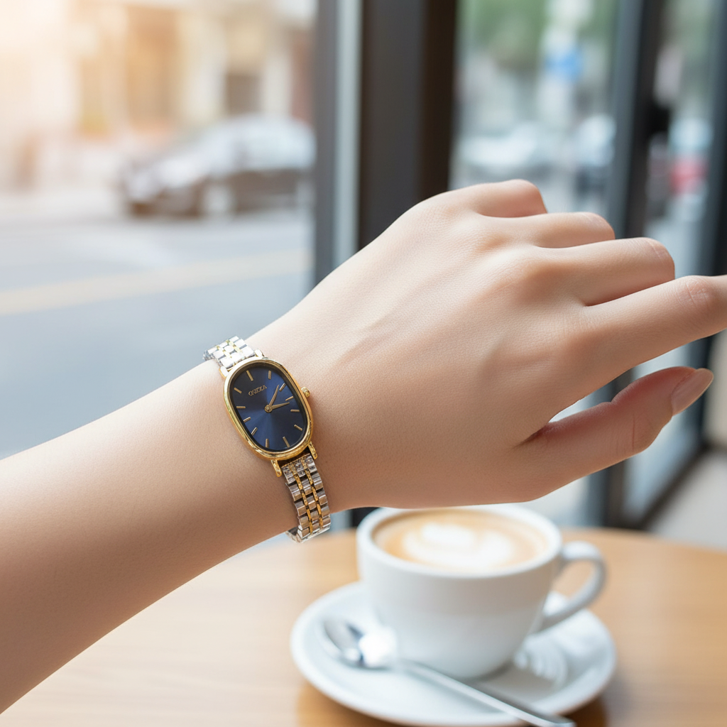 Montre OLIYA Bicolore Ovale – Élégance Moderne au Cadran Bleu Intense