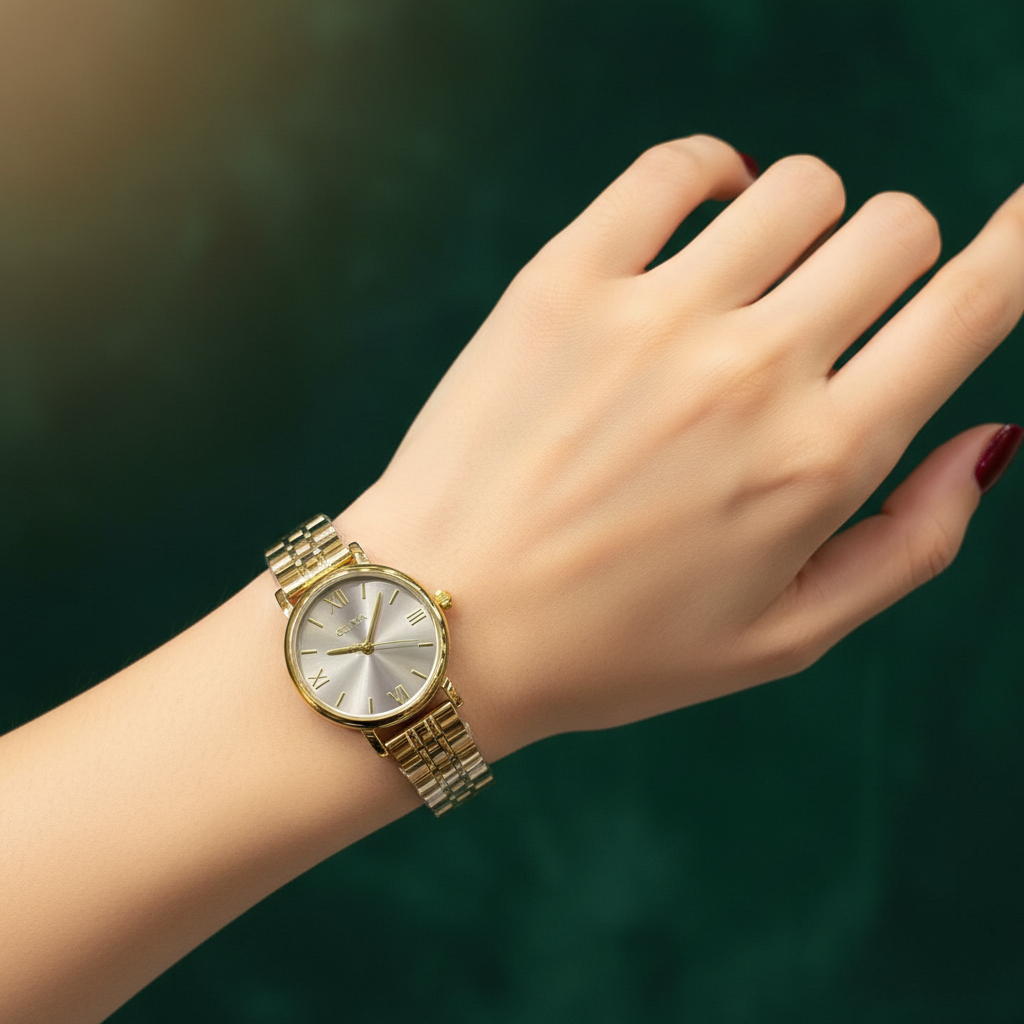 Montre OLIYA Dorée Classique – Cadran Argent Soleil et Élégance Intemporelle