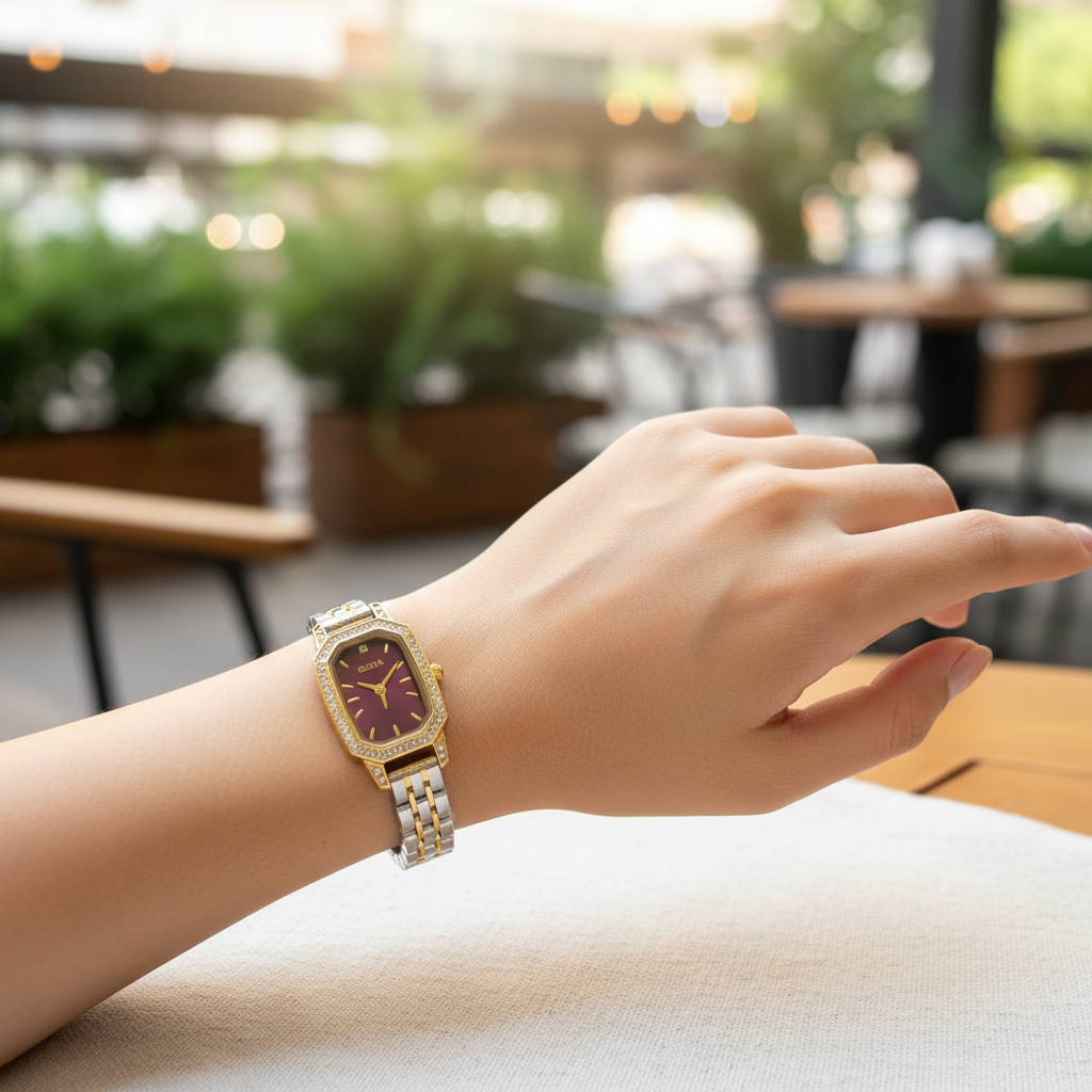 Montre OLIYA Rectangulaire Dorée &amp; Argent – Cadran Rouge Rubis et Éclat Précieux