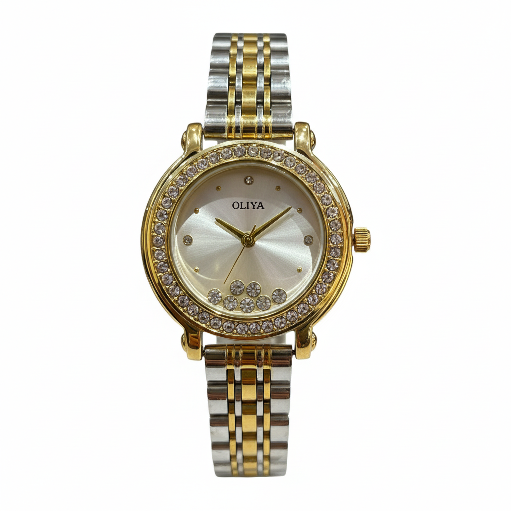 Montre OLIYA Dorée à Cadran Champagne et Cristaux Flottants – L’Élégance en Mouvement