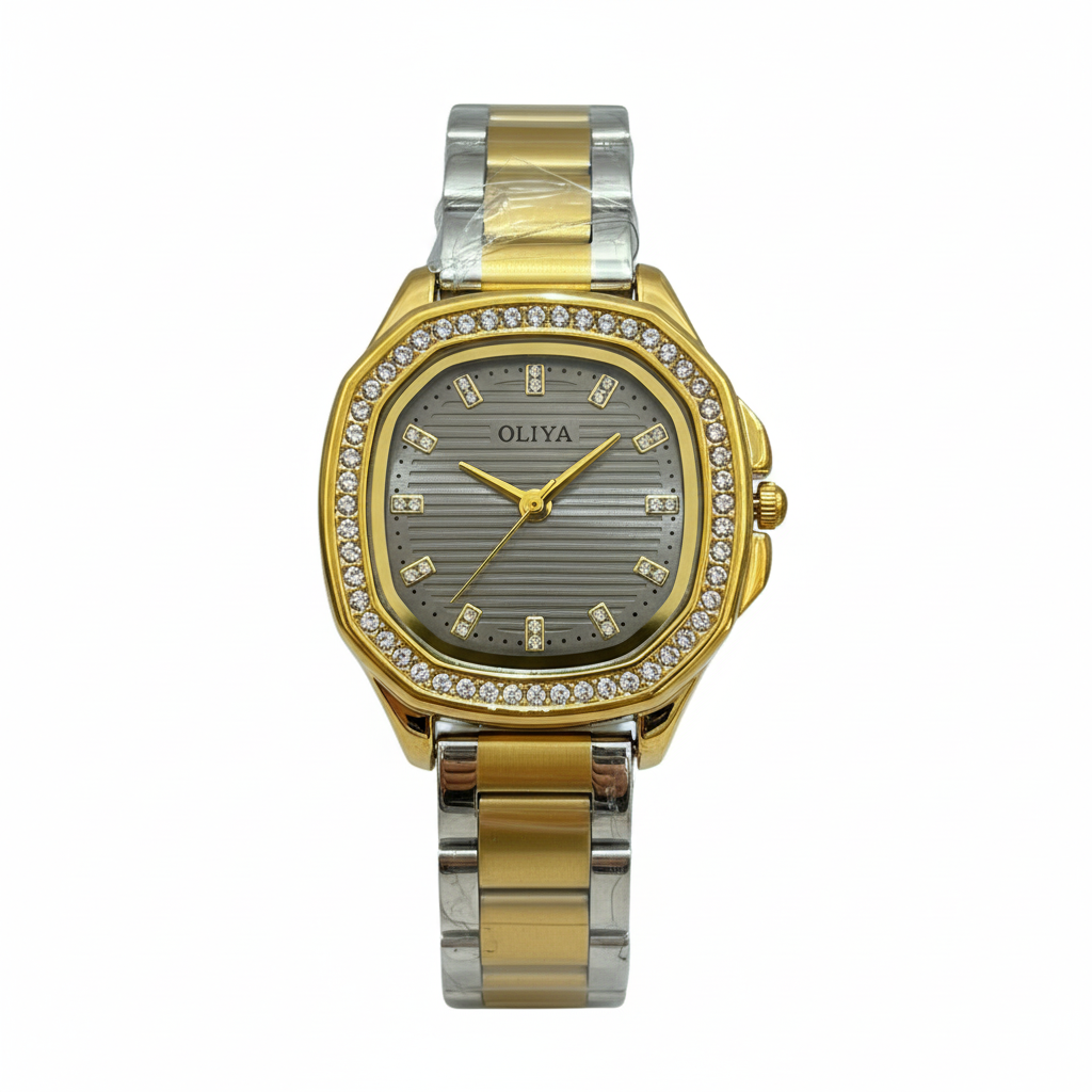 Montre OLIYA Bicolore Sertie de Cristaux – Cadran Gris Élégant et Design Luxueux