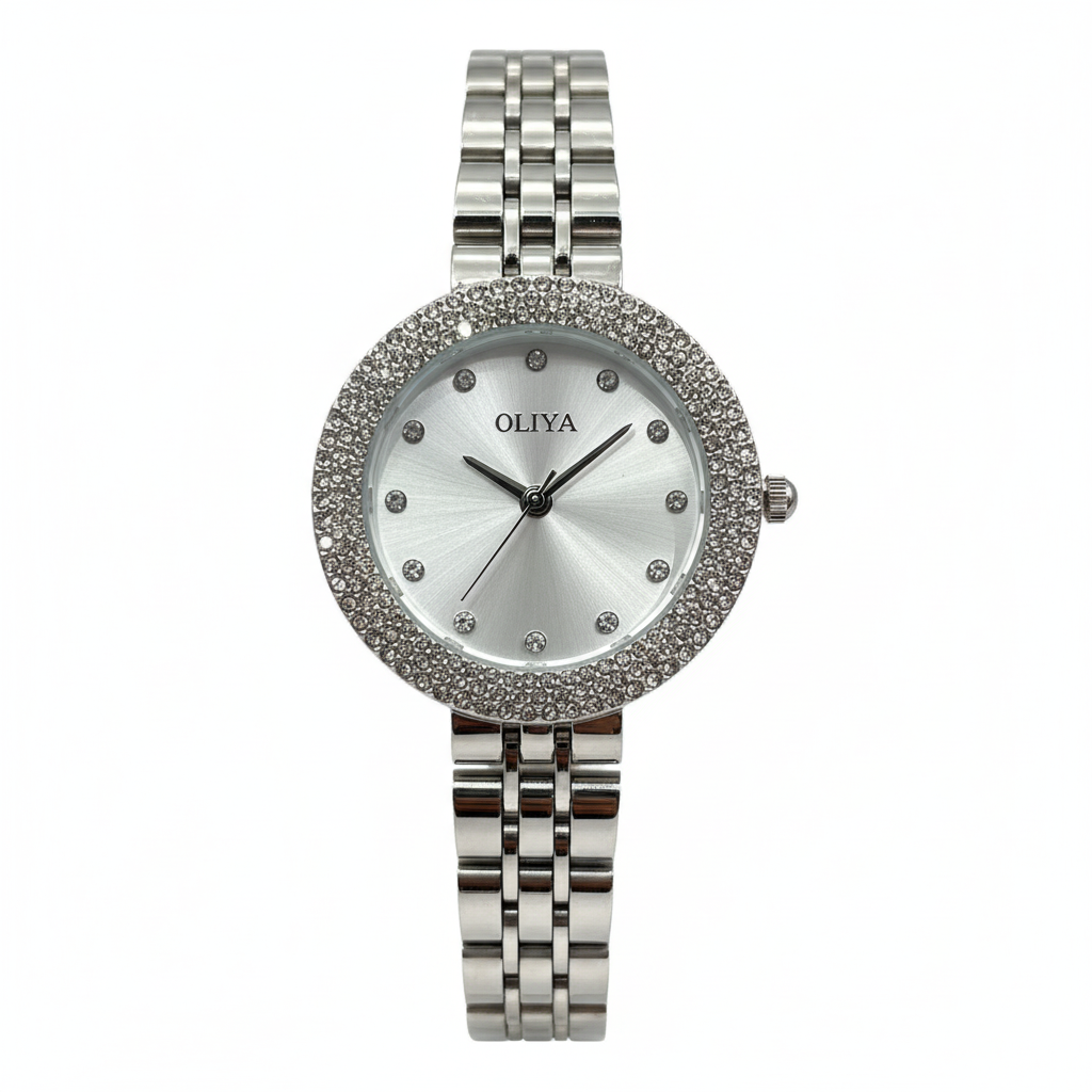 ontre OLIYA Argentée à Strass avec Cadran Gris Soleil – Élégance Moderne et Brillance Raffinée