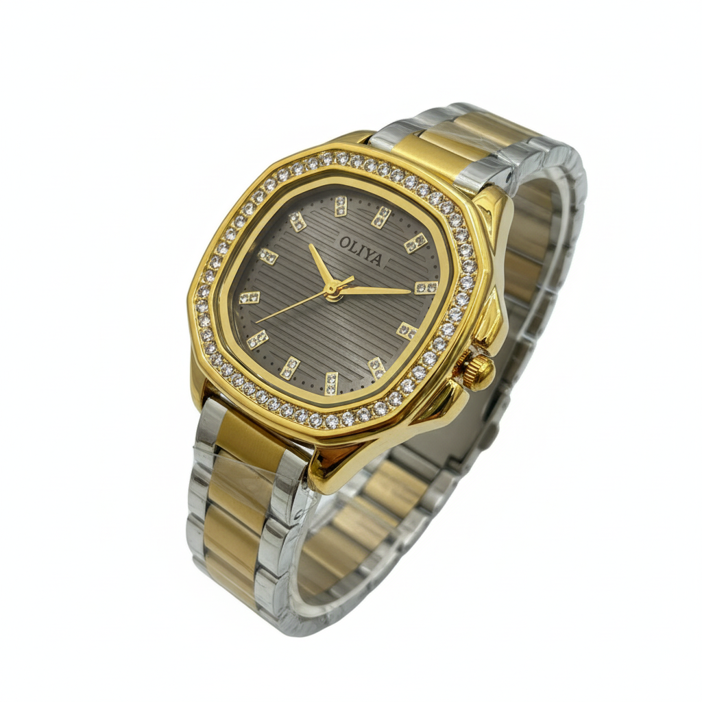 Montre OLIYA Bicolore Sertie de Cristaux – Cadran Gris Élégant et Design Luxueux
