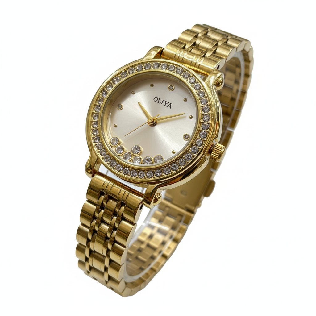 Montre OLIYA Dorée à Cadran Champagne et Cristaux Mobiles – L’Éclat Raffiné au Poignet