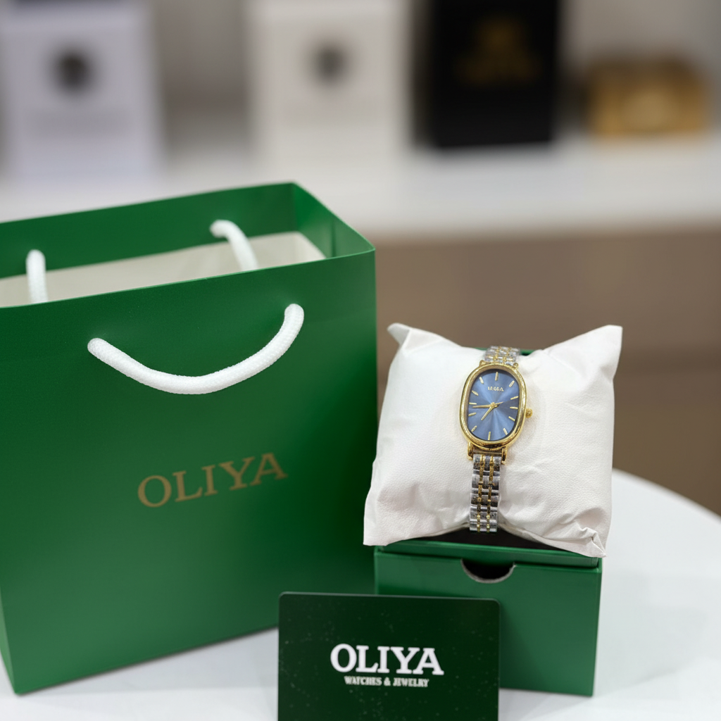 Montre OLIYA Bicolore Ovale – Élégance Moderne au Cadran Bleu Intense
