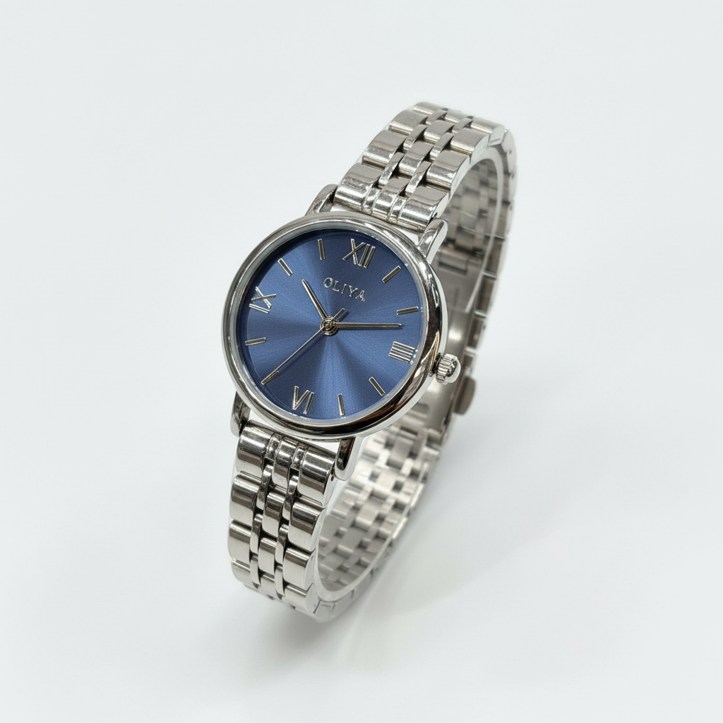 Montre OLIYA Argentée – Cadran Bleu Soleil et Élégance Intemporelle