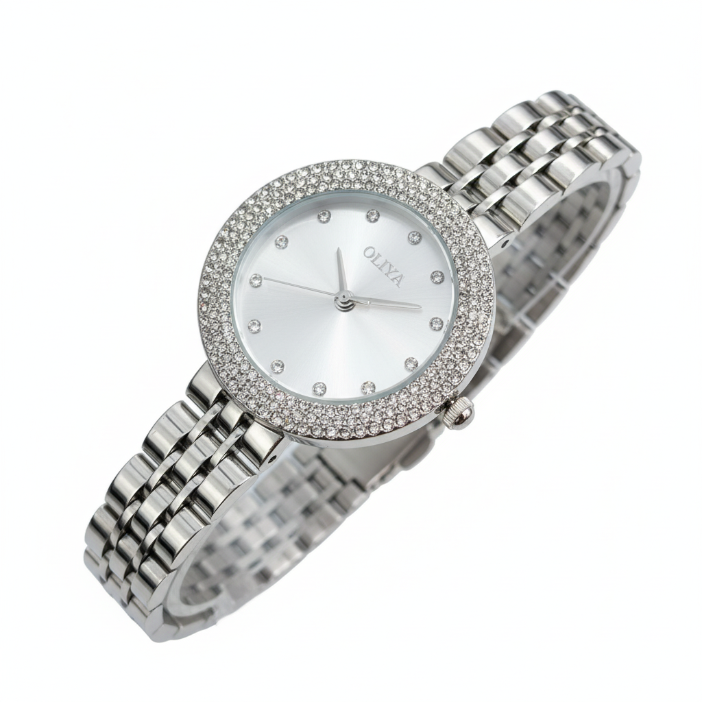 ontre OLIYA Argentée à Strass avec Cadran Gris Soleil – Élégance Moderne et Brillance Raffinée