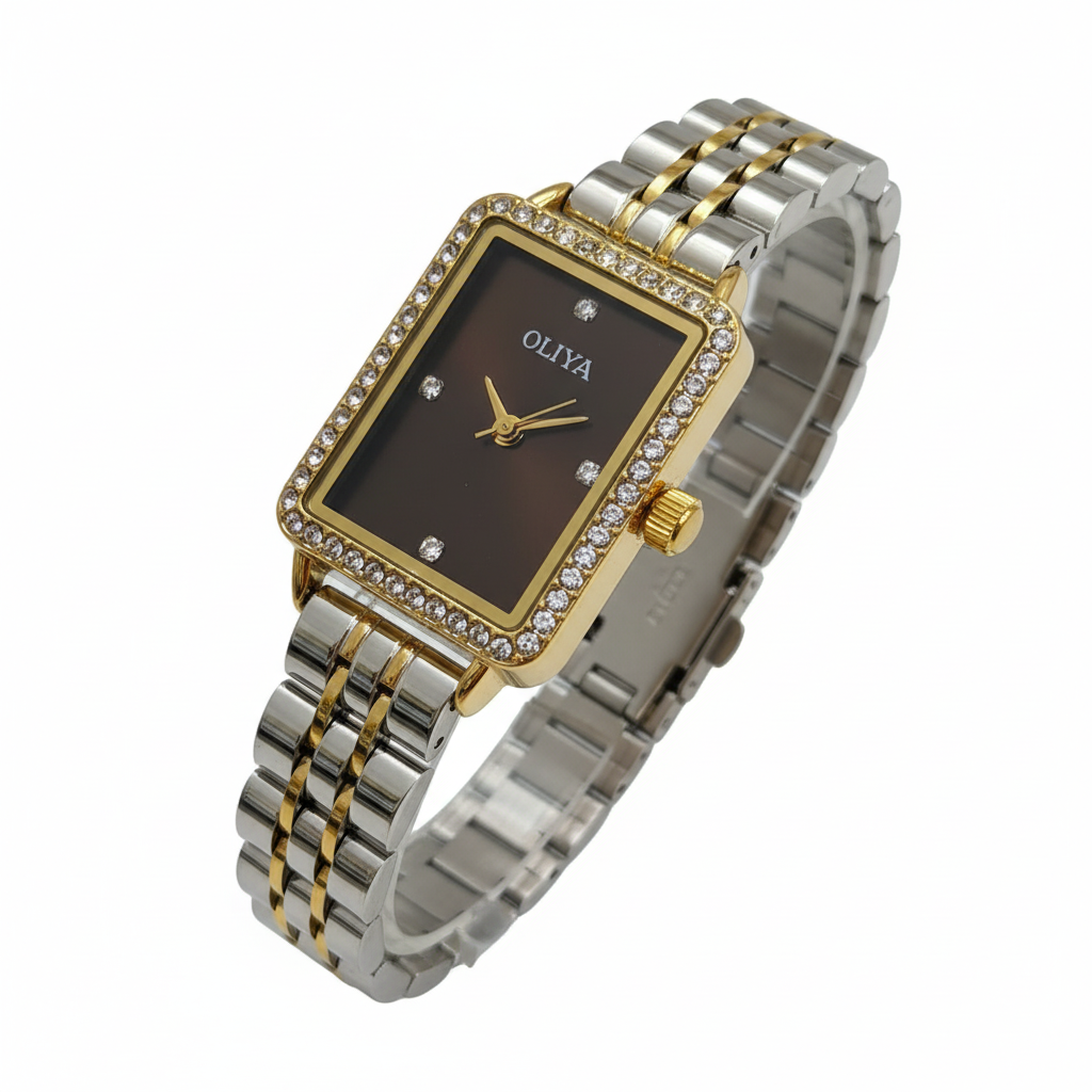 Montre OLIYA 609 Bicolore Rectangulaire – Cadran Brun Élégant et Luxe Raffiné