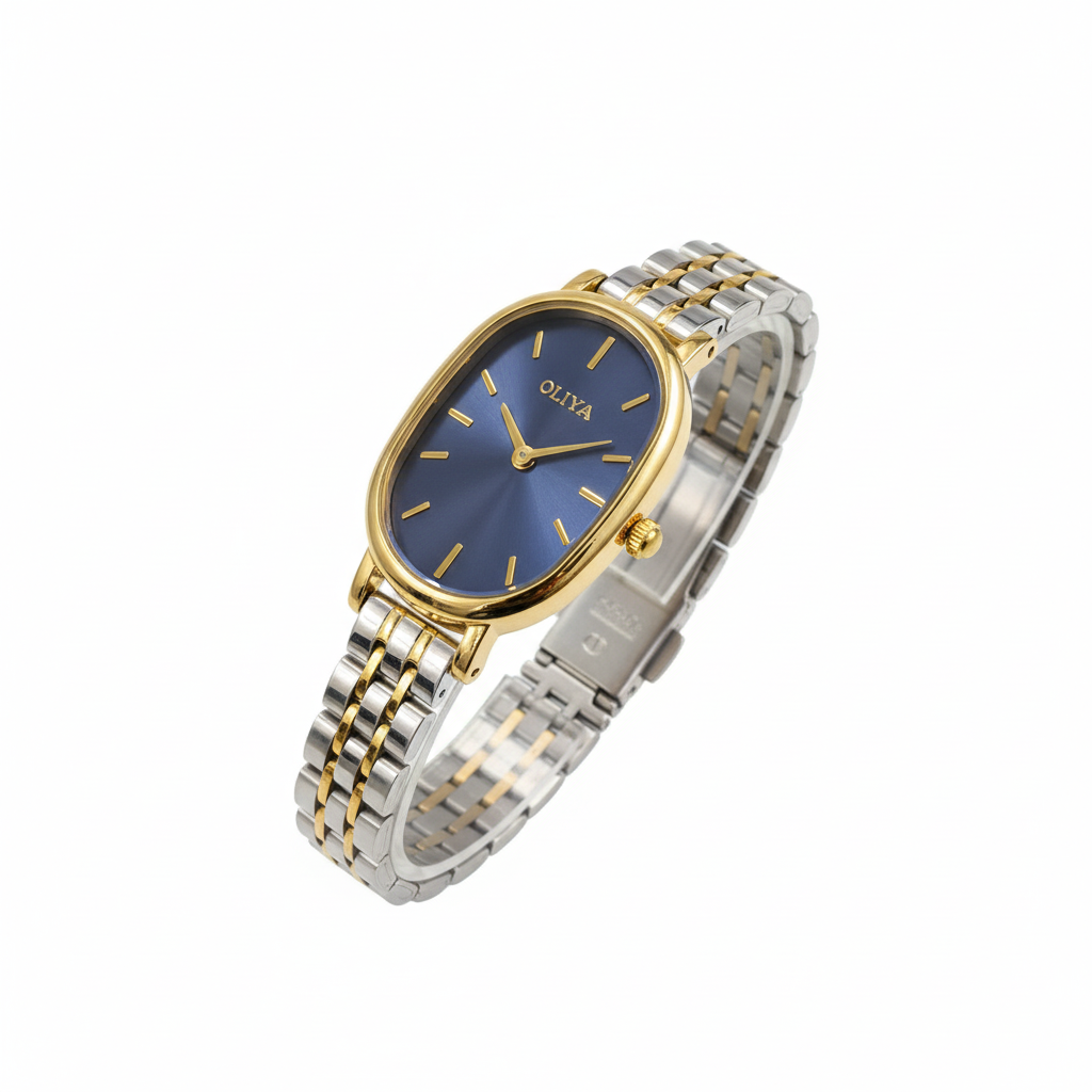 Montre OLIYA Bicolore Ovale – Élégance Moderne au Cadran Bleu Intense