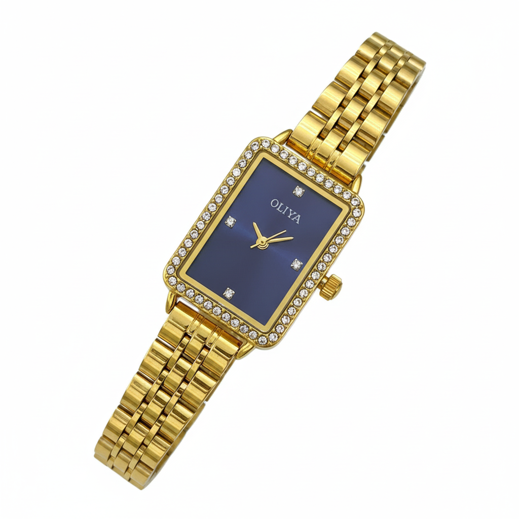 Montre OLIYA 609 Dorée Rectangulaire – Cadran Bleu Élégant et Luxe Moderne