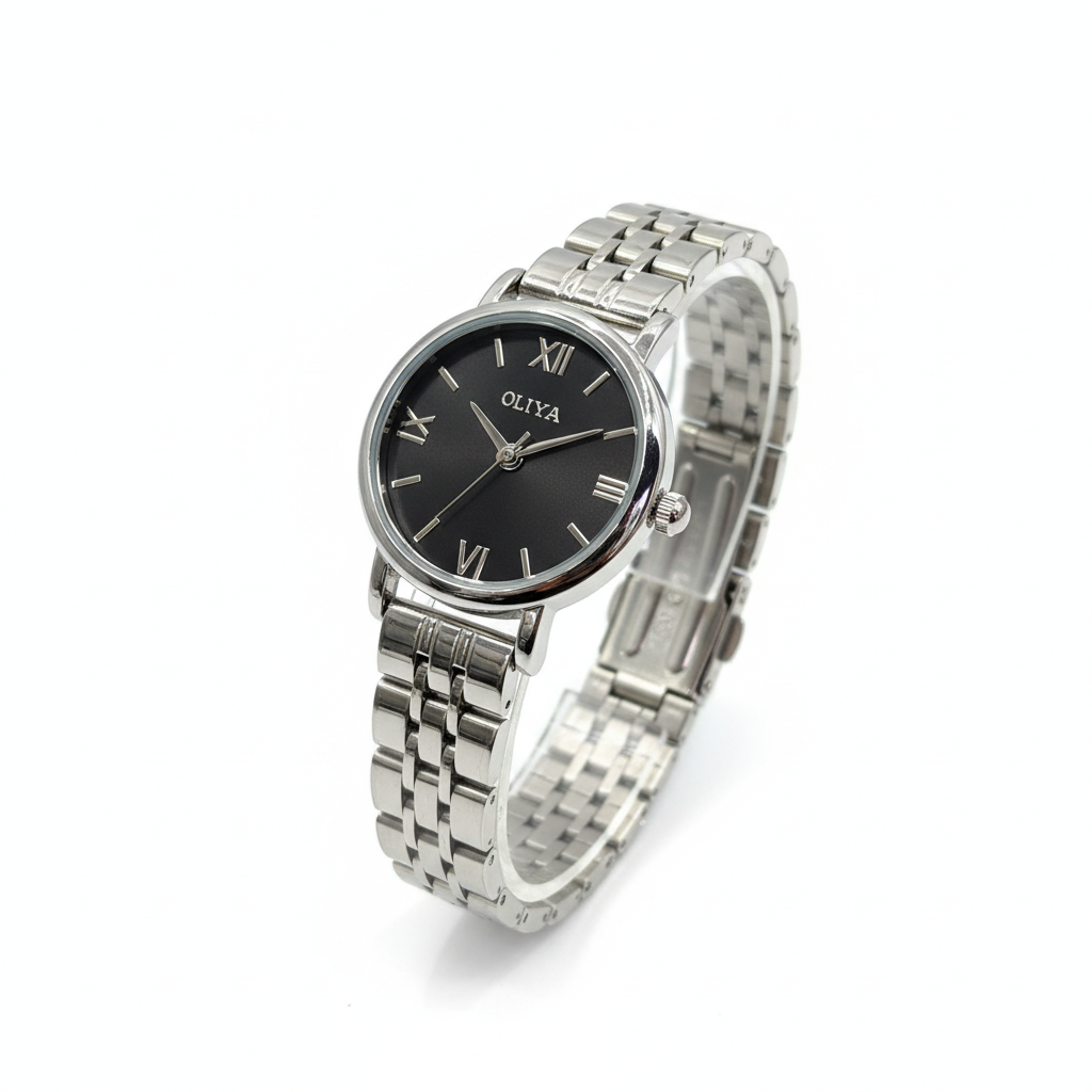 Montre OLIYA Argentée – Cadran Noir Élégant et Style Intemporel
