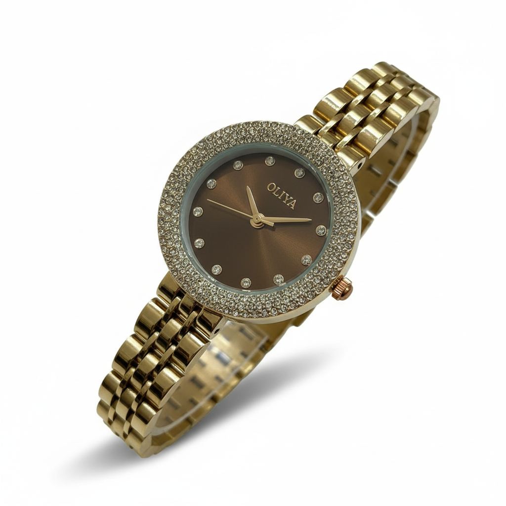 Montre OLIYA Dorée à Strass avec Cadran Noir – Élégance Glamour et Raffinement Intemporel