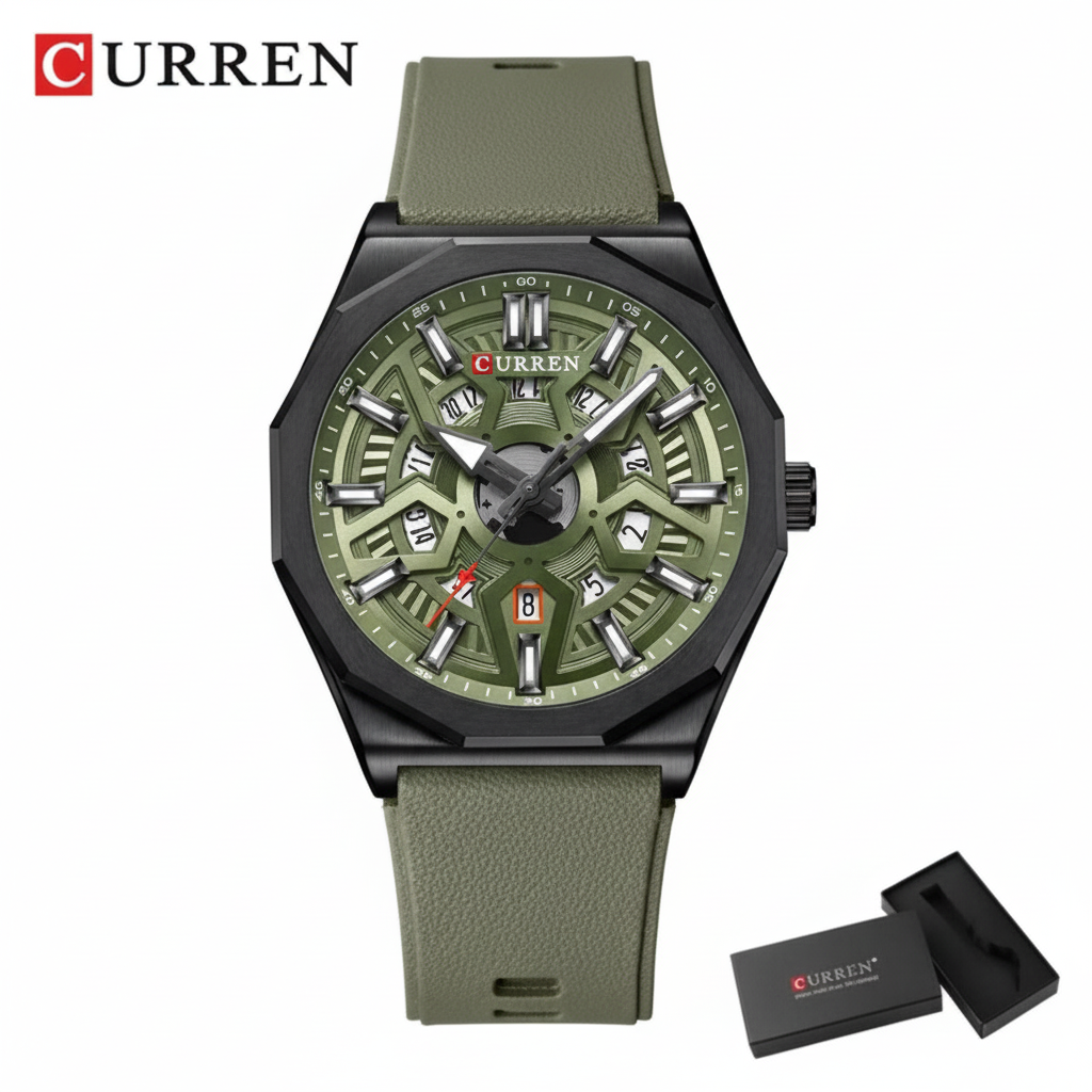 Montre Homme CURREN – Design Skeleton Vert Olive, Bracelet Silicone Vert, Quartz , Style Sport & Moderne