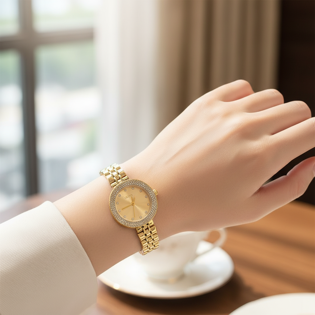 Montre OLIYA Dorée à Strass avec Cadran Doré – Luxe Éclatant et Élégance Féminine