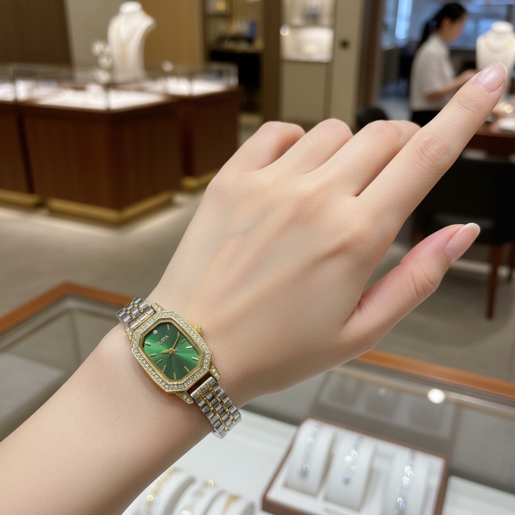 Montre OLIYA Rectangulaire Dorée &amp; Argent – Cadran Vert Émeraude et Éclat Précieux