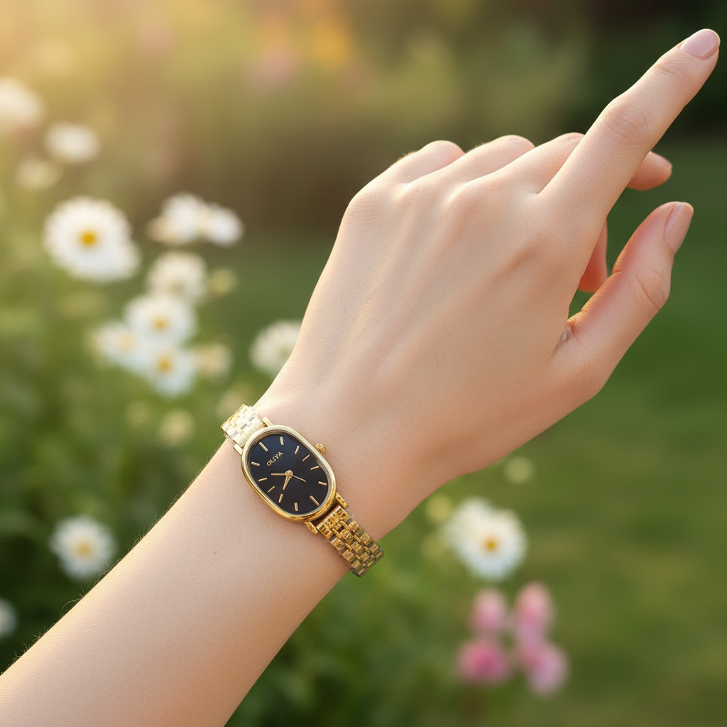 Montre OLIYA Ovale Dorée – Élégance Intemporelle au Cadran Noir Profond