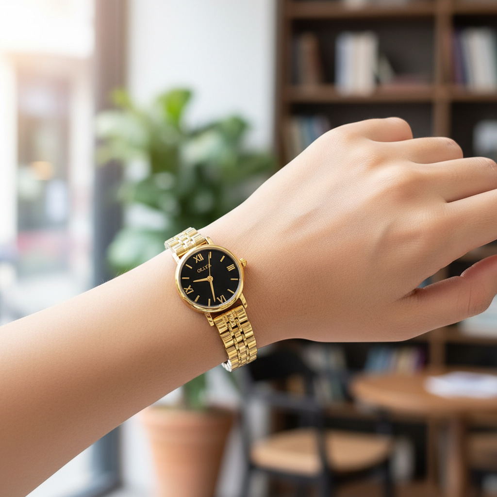 Montre OLIYA Dorée Classique – Cadran Noir Élégant et Style Intemporel
