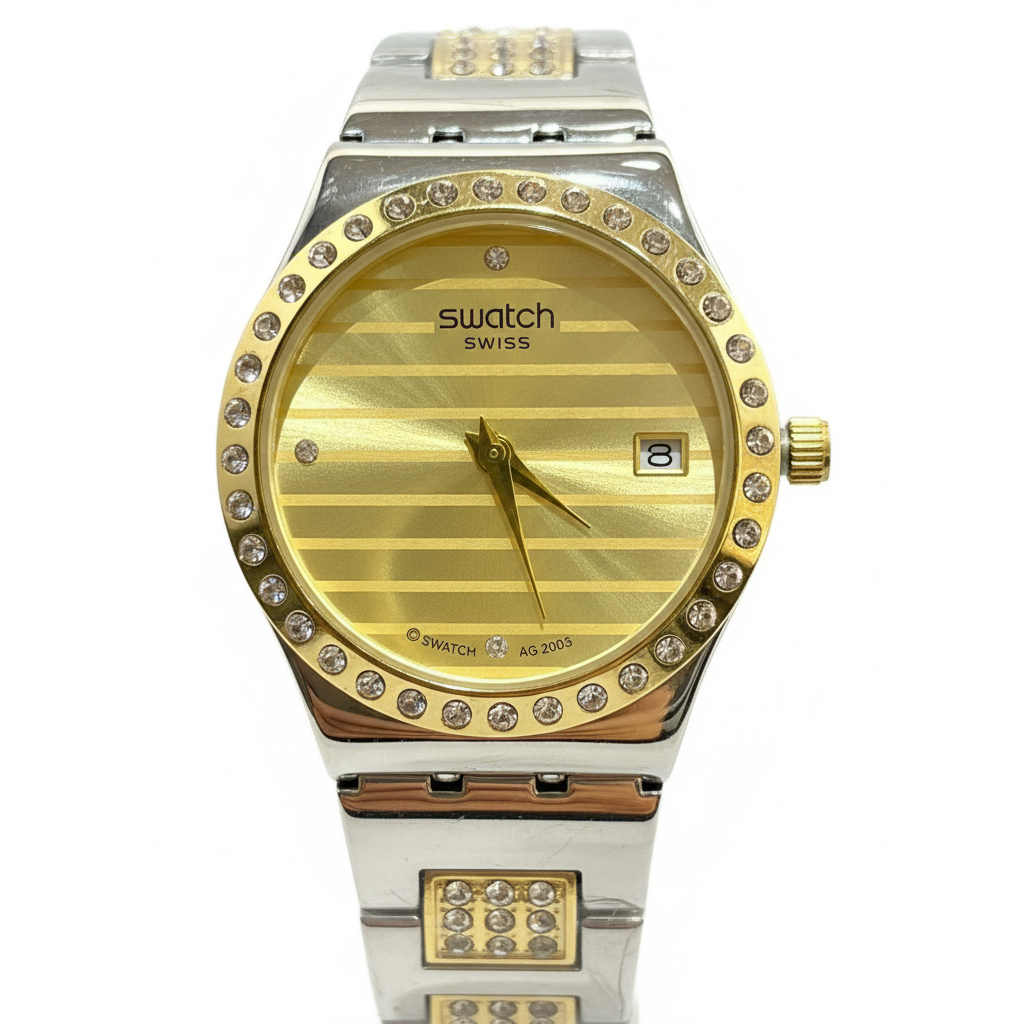 Swatch Gold Crystal Stripes – L’Éclat Doré au Style Contemporain